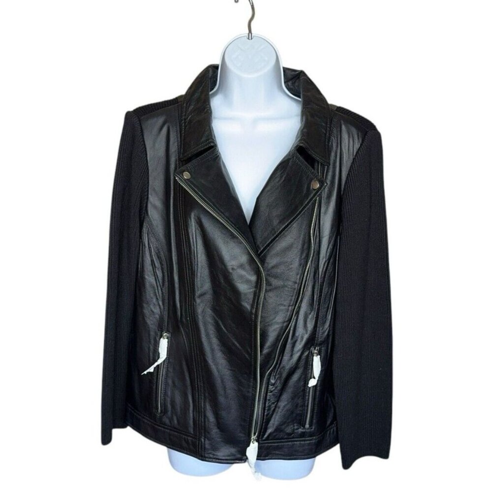 Leather Moto Jacket Zip Up Soft Black Knit Back Sleeves 18W Lined Casual Hip - Picture 3 of 16